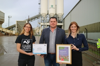 Holly McCain of Nottinghamshire Wildlife Trust presenting the certificates to Paul Pendleton General Manager of Centrum Pile and Jessica Banham Marketing and Communications Manager at AARSLEFF