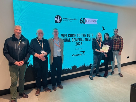 Left to Right: From Nottinghamshire Wildlife Trust, Paul Wilkinson Chief Executive, Colin Gibson Trustee Treasurer, Nick Parson Trustee Chair, Emily Patrick Partnerships and Grants Manager with Tanya Brown Visual Designer and Green Champion lead, Dave Richards Head of Corporate Responsibility at Capital One.