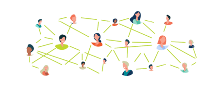 A network of illustrated people connected.