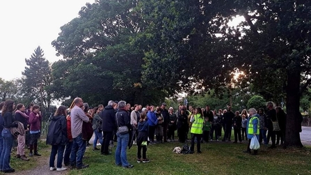 A large group of people at Colwick Woods for a bat walk