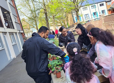 Residents planting strawberries outside